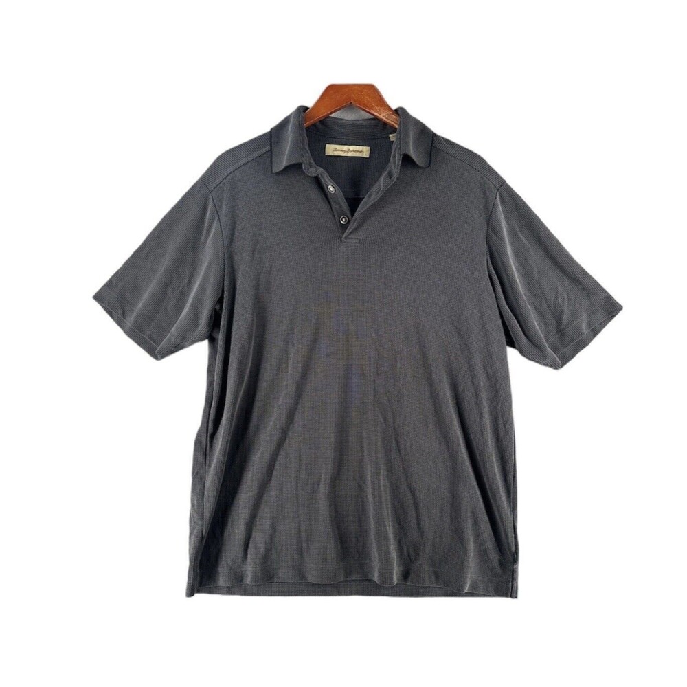 Tommy Bahama Polo Shirt Mens Size Large Black Gray Sleeve Woven Blend